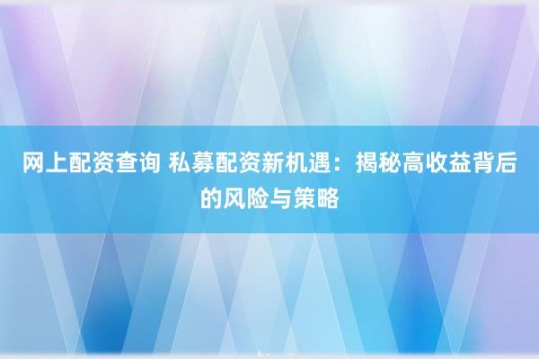 网上配资查询 私募配资新机遇：揭秘高收益背后的风险与策略